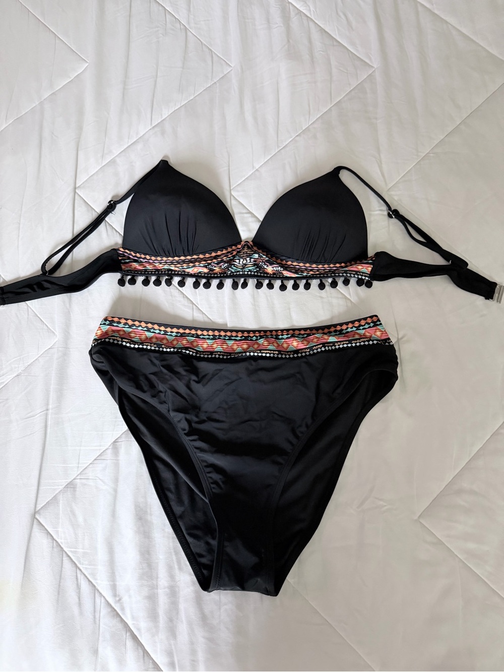 SHEIN Black Two-Piece Bikini with Tribal Trim and Pom Pom Detail